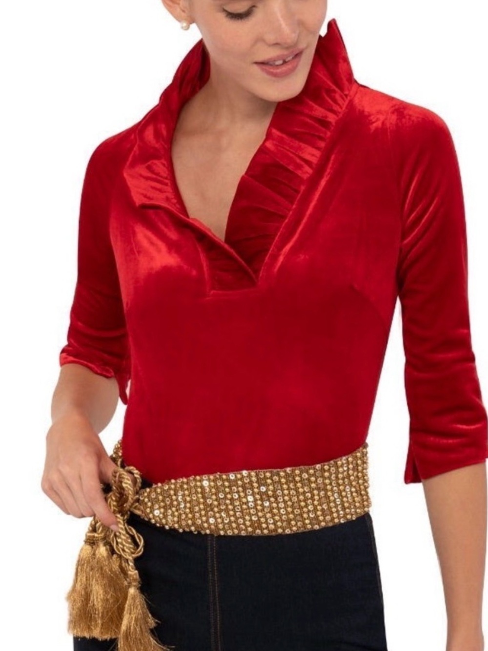 Gretchen Scott Designs Vibrant Red Ruffle Blouse Size Medium